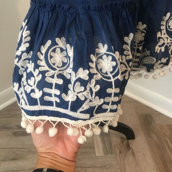 DEBBIE KATZ Boho Blue Off Shoulder Embroidered Pompoms Tassels Dress Cover Up S - Picture 6 of 10